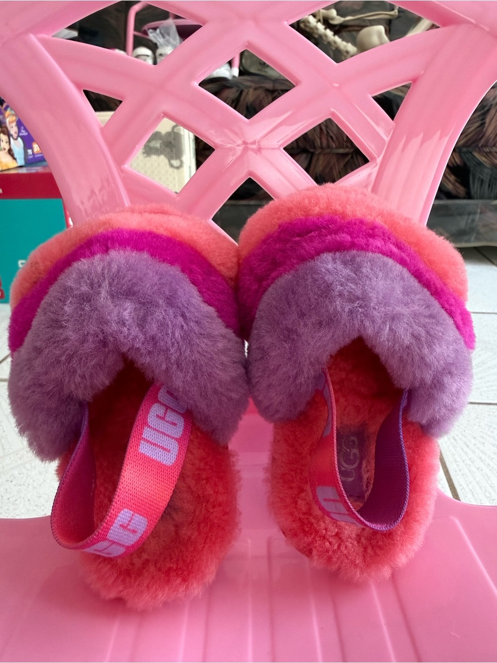UGG Kids Pink, Purple & Coral Fluffy Slide Slippers